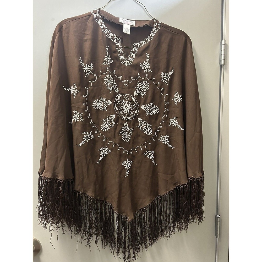 Victor Costa Occasion Women Pullover Poncho Embroidered Floral Long Fringe